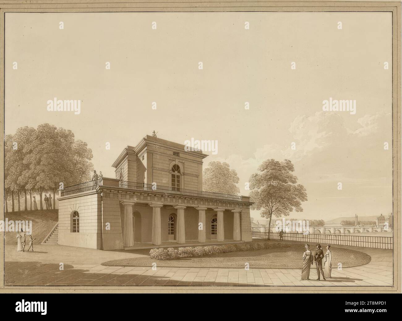 Il nuovo Belvedere sulla Brühlsche Terrasse di Dresda, Christian Gottlob Hammer (Dresda 1779 - 1864 Dresda), 1815, disegno, penna e pennello in marrone, lavati, su tracce di matita; linea di inquadratura nera, 16,1 x 22,8 cm, l.l. duca Alberto di Sassonia-Teschen Foto Stock