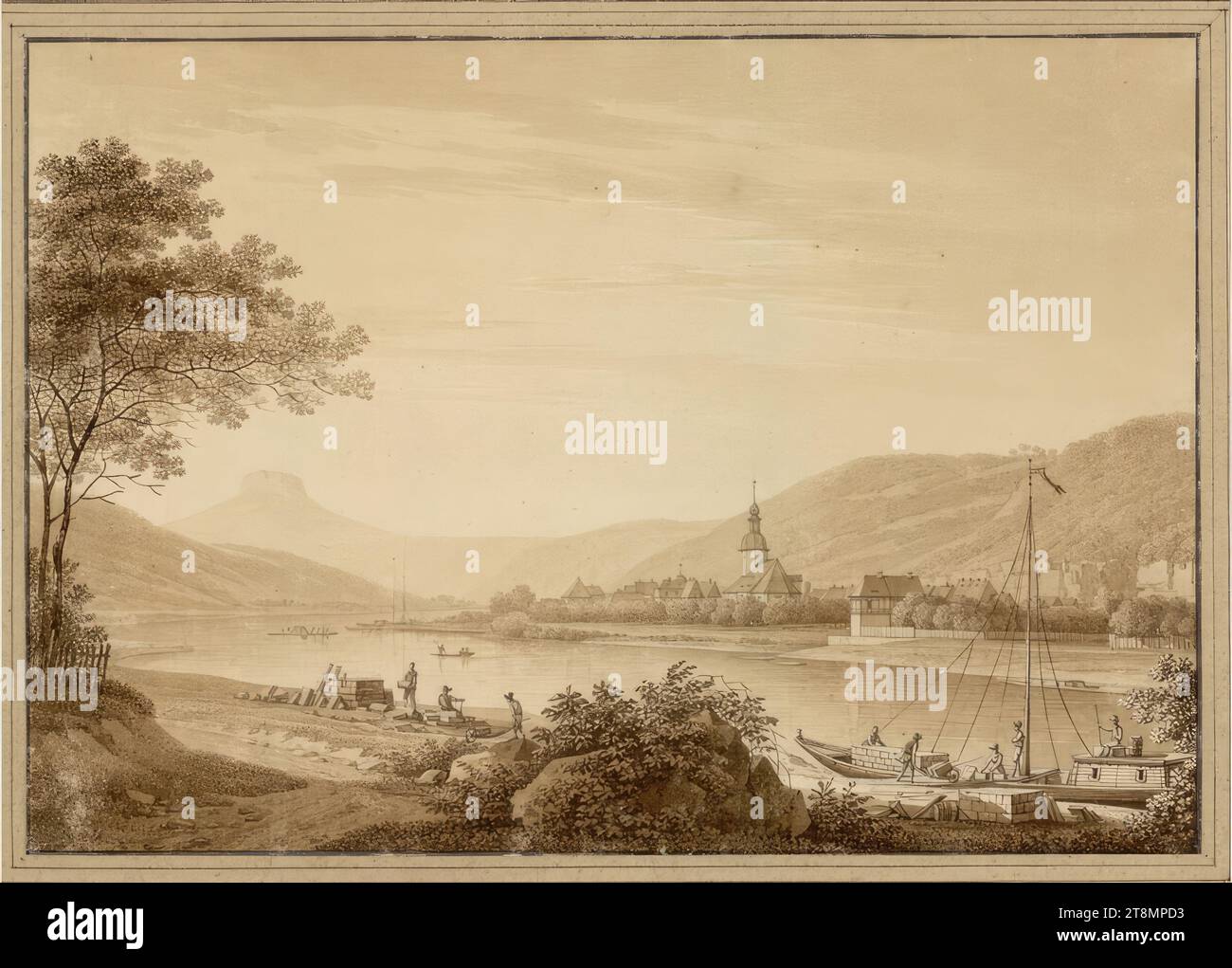 Bad Schandau an der Elbe, Christian Gottlob Hammer (Dresda 1779 - 1864 Dresda), 1815, disegno, penna e pennello in marrone, lavato, sopra matita; linea di inquadratura nera, 15,9 x 22,9 cm, l.l. duca Alberto di Sassonia-Teschen Foto Stock