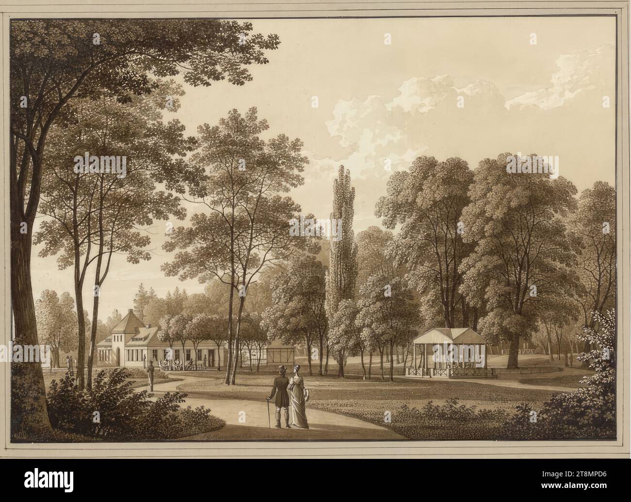 Passeggiata e caffetteria nel grande Giardino di Dresda, Christian Gottlob Hammer (Dresda 1779 - 1864 Dresda), 1815, disegno, penna e pennello in marrone, lavati, su tracce di matita; linea di inquadratura nera, 16,2 x 23,1 cm, l.l. duca Alberto di Sassonia-Teschen Foto Stock