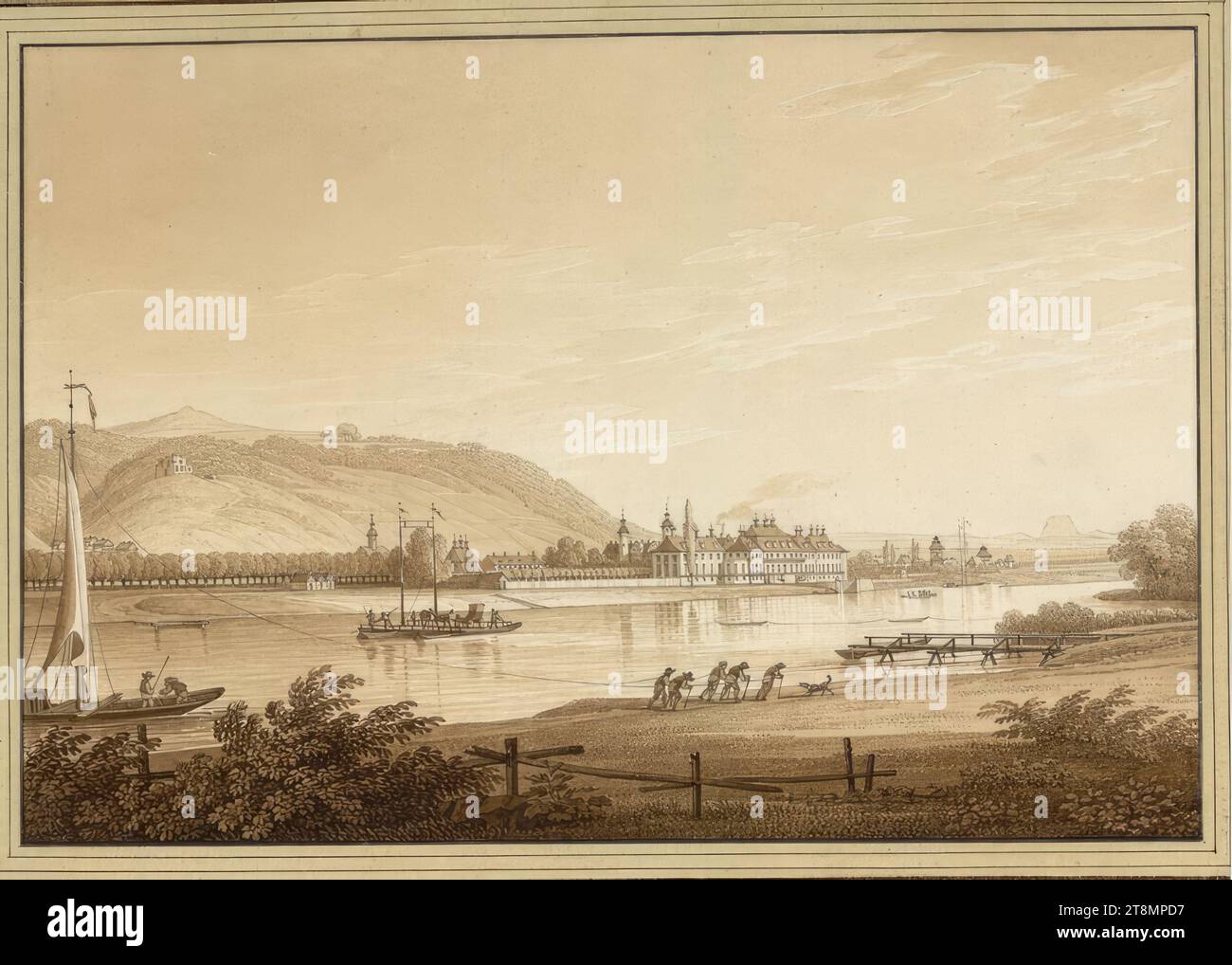 The Pleasure Palace Pillnitz and the same area', Christian Gottlob Hammer (Dresda 1779 - 1864 Dresda), 1807, disegno, penna e pennello in marrone, lavato; linea di inquadratura nera, 15,6 x 22,9 cm, l.l. duca Alberto di Sassonia-Teschen Foto Stock