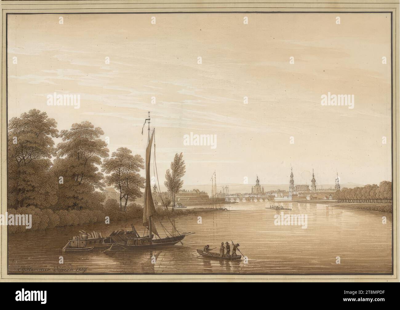 Veduta generale della città di Dresda e della sua posizione", Christian Gottlob Hammer (Dresda 1779 - 1864 Dresda), 1807, disegno, penna e pennello in marrone, su tracce di matita; linea di inquadratura nera, tracce di una linea di inquadratura a matita leggermente più piccola, 15,6 x 22,8 cm, l.l. Duca Alberto di Sassonia-Teschen, l.u. 'c G. Hammer at Dresden 1807.', penna in nero Foto Stock
