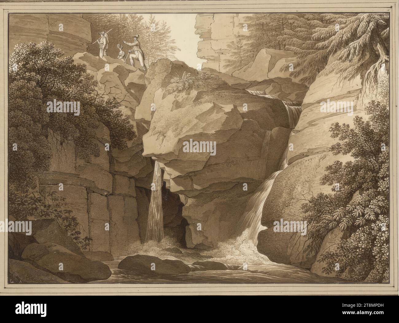 The Amselfall in the Amselgrund in Saxon Switzerland, Christian Gottlob Hammer (Dresda 1779 - 1864 Dresda), 1815, disegno, penna e pennello in marrone, lavato; linea di inquadratura nera, 16,6 x 23,3 cm, l.l. duca Alberto di Sassonia-Teschen Foto Stock