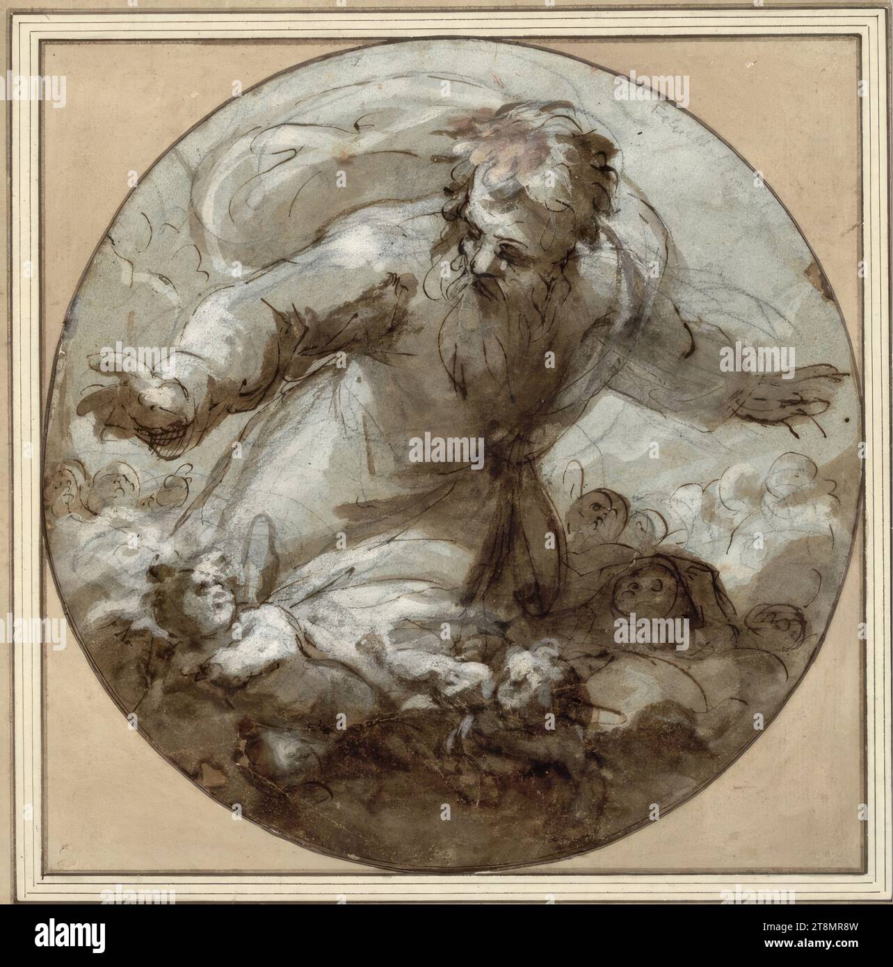 Dio padre come Creatore del mondo (tondo), Tommaso d'Antonio Manzuoli chiamato Maso da San Friano (Italia, 1536 - 1571), disegno, gesso; piuma; lavato; accresciuto con carta bianca; blu-grigio, 23,2 x 22,7 cm, l.l. duca Alberto di Sassonia-Teschen Foto Stock