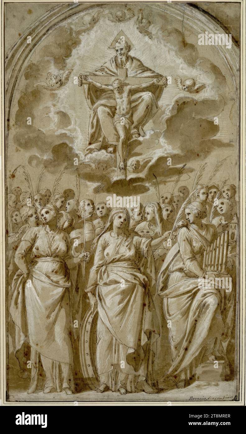 Seggio misericordioso con martiri, Giovanni Mauro della Rovere, detto il fiamminghino (Milano 1575 - 1640 Milano), disegno, penna, lavato, accresciuto di bianco, su carta marrone, 40 x 23,5 cm, r.r. bourgugue; l.b. duca Alberto di Sassonia-Teschen, in basso a destra 'Bronzino' in una vecchia mano; con un'altra mano in penna 'fiorentino Foto Stock