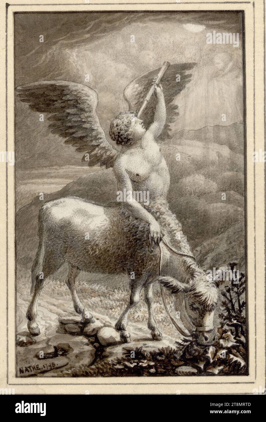 Ecce Homo' (creatura mitica composta da un angelo che guarda la luna attraverso un binocolo e un asino che mangia cardo), Christoph Nathe (Niederbielau vicino a Görlitz 1753 - 1806 Schadewalde nel distretto di Lauban), 1798, disegno, penna e pennello e lavaggio nero, sopra la matita; linea di inquadratura grigio-nero, 10,5 x 6,7 cm, l. Duca Alberto di Sassonia-Teschen Foto Stock