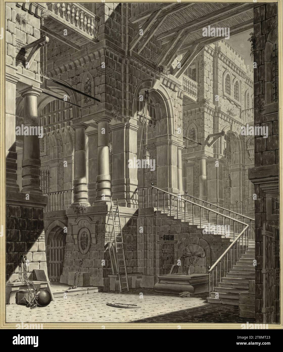 Decorazione teatrale: Cortile e scala, Josef Platzer (Praga 1751 - 1806 Vienna), intorno al 1790, disegno, penna e inchiostro, 40,1 x 34,1 cm Foto Stock