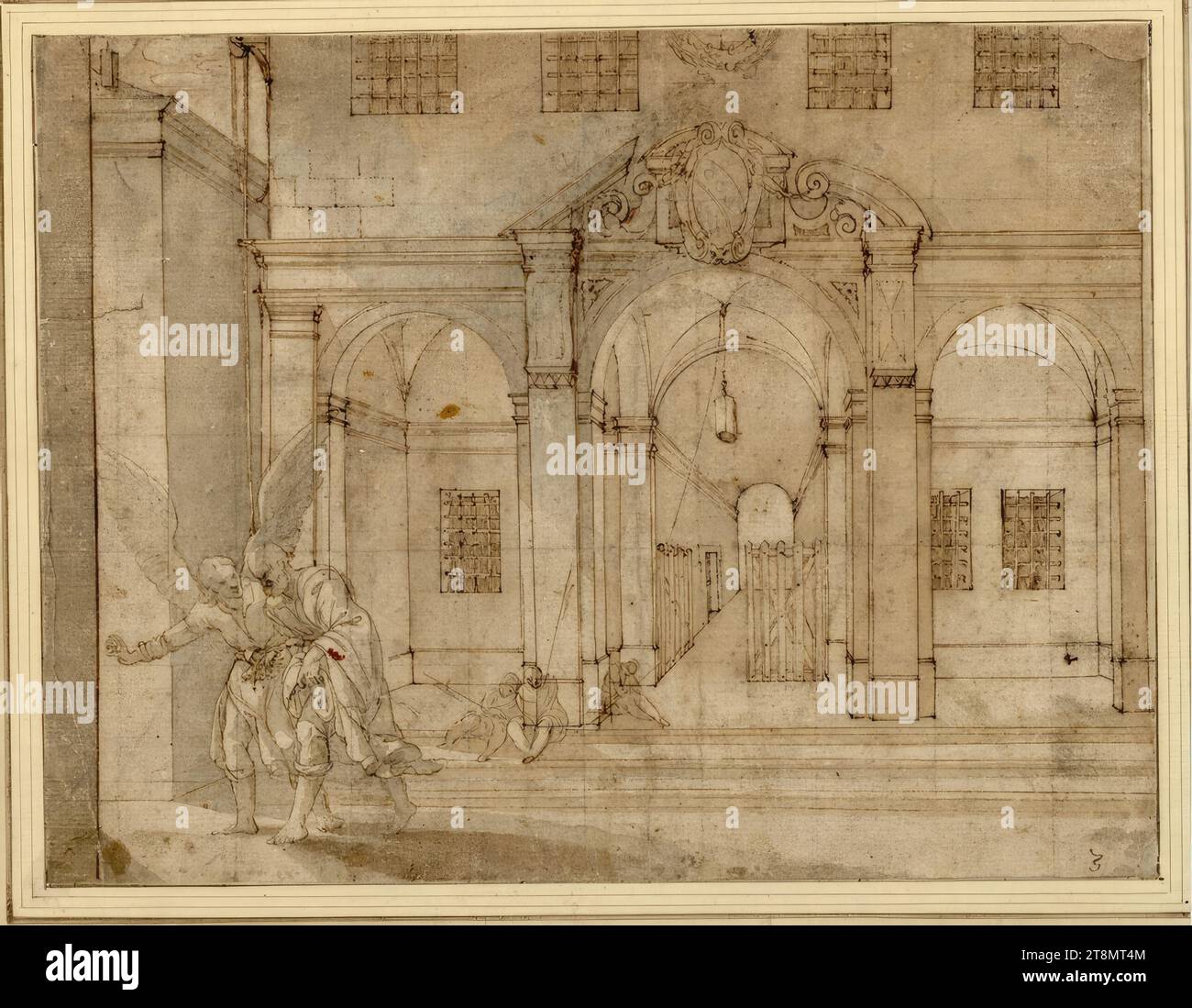 Pietro è condotto fuori di prigione dall'angelo; tre guardiani dormienti al cancello; sopra questo uno stemma, nello scudo di cui probabilmente tre palle furono disegnate in seguito con gesso, anonimo, disegnare, penna; inchiostro; lavaggio grigio e marrone; gesso squadrato; carta blu, 20,8 x 27 cm, l.l. duca Alberto di Sassonia-Teschen, in basso a destra in una vecchia mano '3 Foto Stock