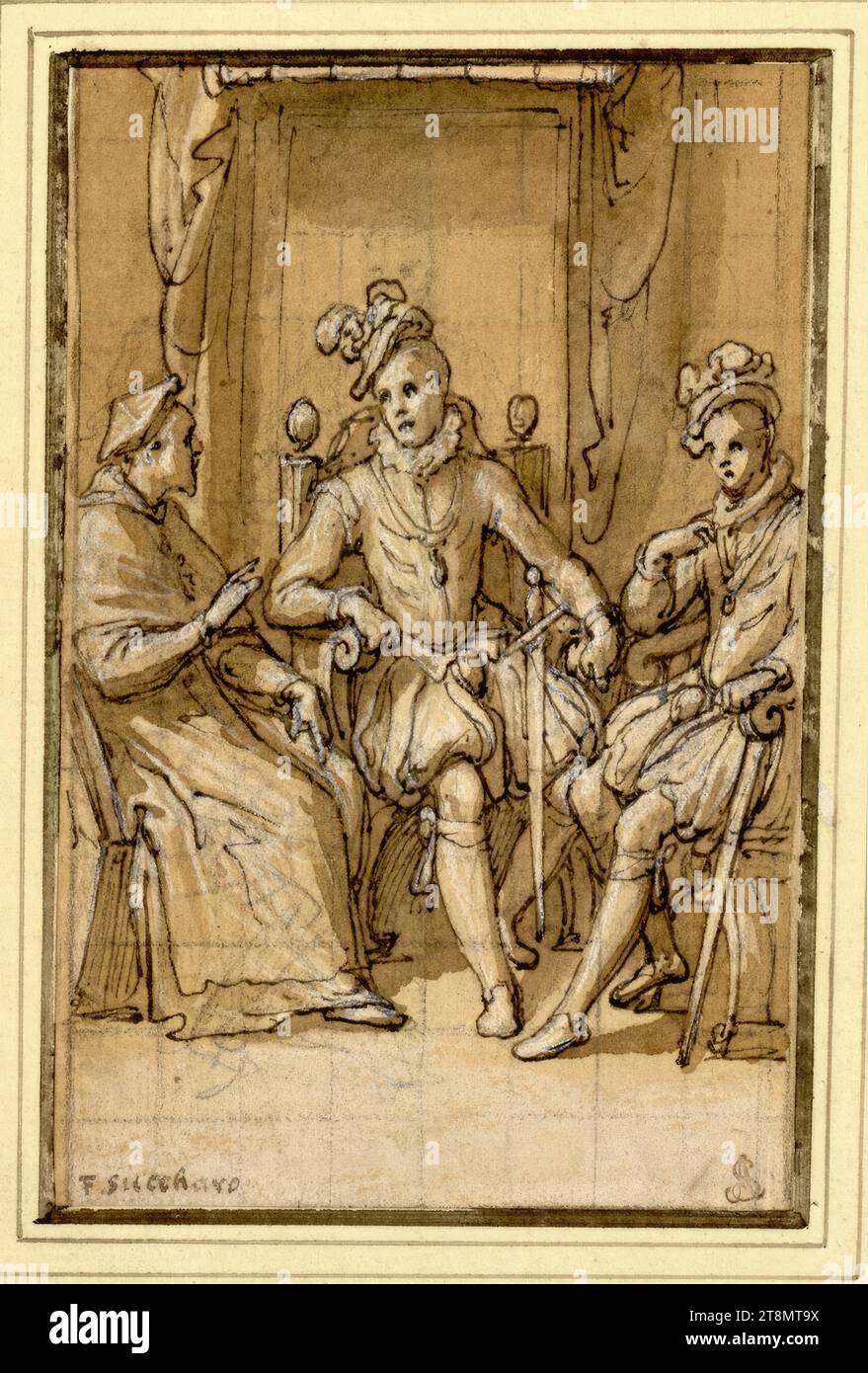 Due giovani nobili siedono di fronte a un dignitario religioso, Federico Zuccari (Sant' Angelo in vado 1540/41 - 1609 Ancona), c. 1565, disegno, gesso; piuma; inchiostro; lavato; accresciuto con bianco; squadrato con gesso; carta marrone, 14,8 x 9,6 cm, r.r. Duca Alberto di Sassonia-Teschen, in basso a sinistra nell'inchiostro successivo, 'F. Succharo Foto Stock