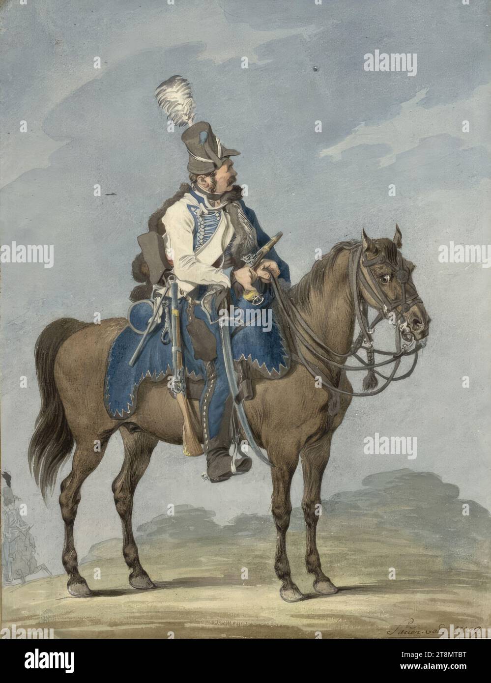 Saxon hussar at the post, Alexander Ivanovich Sauerweid (Kurland 1783 - 1844 St Pietroburgo), 1809, disegno, acquerello, su matita, 36,5 x 28,1 cm, l.l. duca Alberto di Sassonia-Teschen Foto Stock