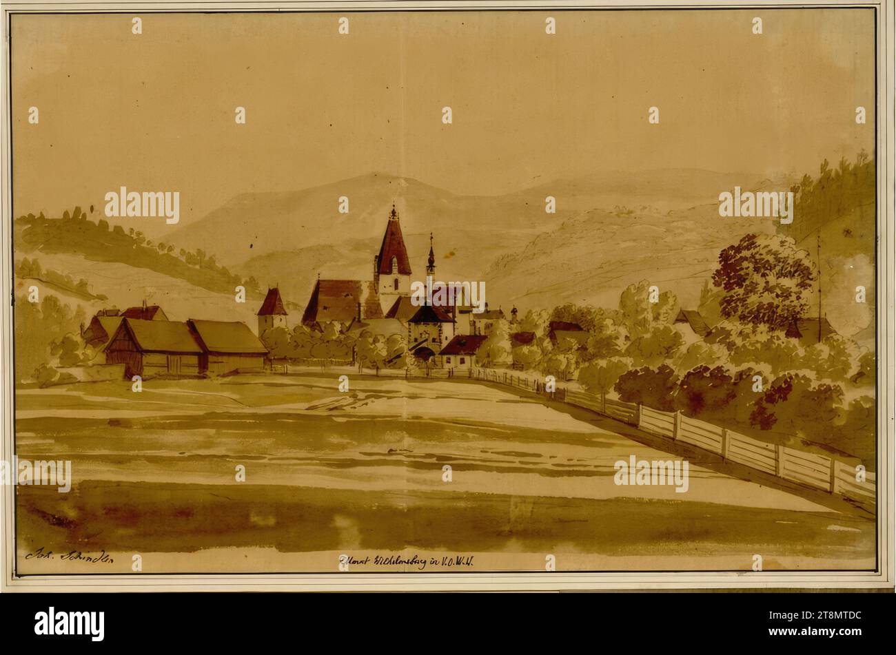 Wilhelmsburg, Johann Josef Schindler (St. Pölten 1777 - 1836 Vienna), disegno, inchiostro, acquerello, secondo Cahier: 23,5 x 36 cm, in basso a sinistra mercato Wilhelmsburg in V.O.W.W. Foto Stock