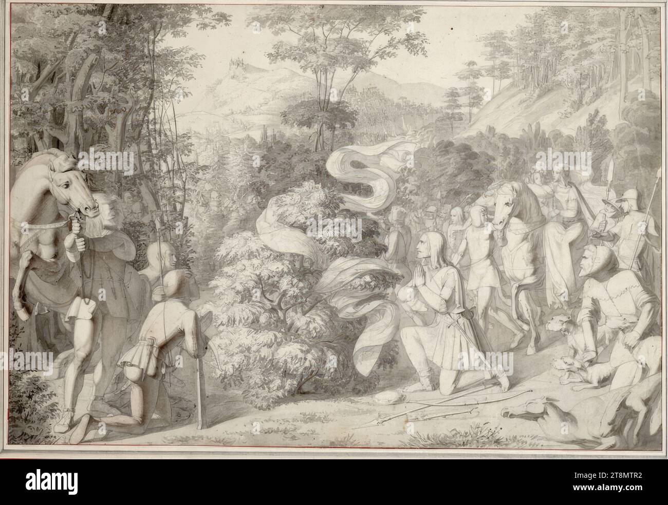 La scoperta del velo di Margravine Agnes su un albero di sambuco da parte del margravio Leopoldo il santo, Heinrich Schwemminger (Vienna 1803 - 1884 Vienna), 1820-1830, disegno, matita, pennello, lavaggio grigio e marrone, 23,5 x 34,8 cm, r.b. 'SH Foto Stock