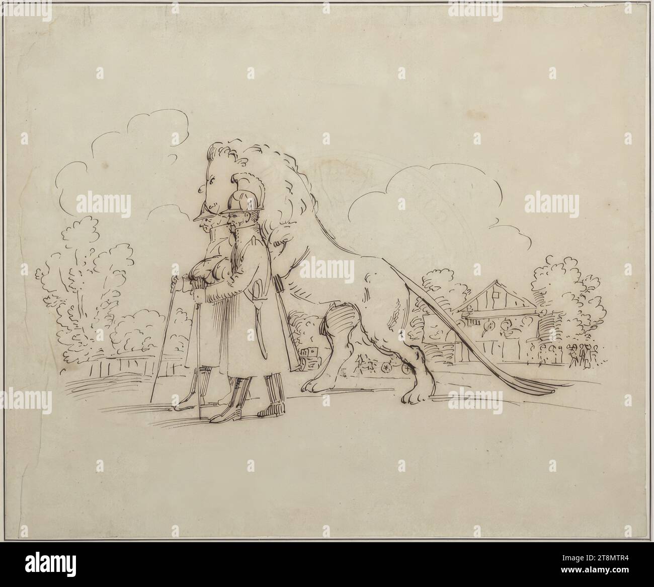 Leone con due poliziotti (caricatura di Johann Carl Gottfried Loewe, 30 novembre 1796 a Löbejün - 20 aprile 1869 a Kiel ?), Moritz von Schwind (Vienna 1804 - 1871 Niederpöcking/Monaco di Baviera), intorno al 1835, disegno, penna e inchiostro in marrone, 8,3' x 10 Foto Stock