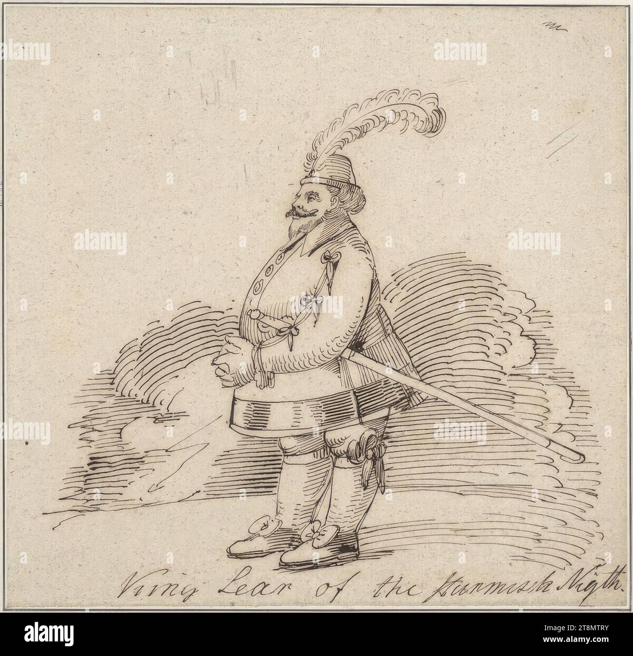 King Lear (caricatura), Moritz von Schwind (Vienna 1804 - 1871 Niederpöcking/Monaco di Baviera), 1840-1850 ?, disegno, penna marrone, 21,3 x 21,8 cm, r.r. 'Re Lear of the Stormy Night Foto Stock