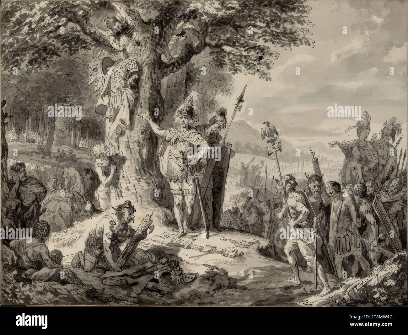 Dopo la battaglia nella foresta di Teutoburgo, Armin ha trofei romani fissati ad un albero di quercia., Johann Heinrich Tischbein (il Vecchio) (Haina 1722 - 1789 Kassel), dopo il 1767, disegno, penna e inchiostro con lavaggio grigio, 17,2 x 22,9 cm Foto Stock