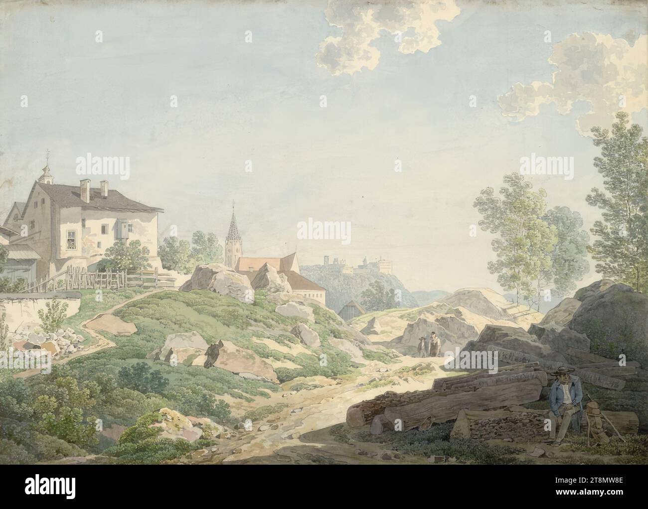 Torre del monastero di S.. Nikola vicino a Passau e Oberhaus, Max Joseph Wagenbauer (Öxing vicino a Grafing, alta Baviera 1774 - 1829 Monaco di Baviera), 1805-06, disegno, penna e inchiostro in grigio, acquerello, 25,2 x 35,2 cm, nessun francobollo da collezione Herzog Albert di Sassonia-Teschen Foto Stock