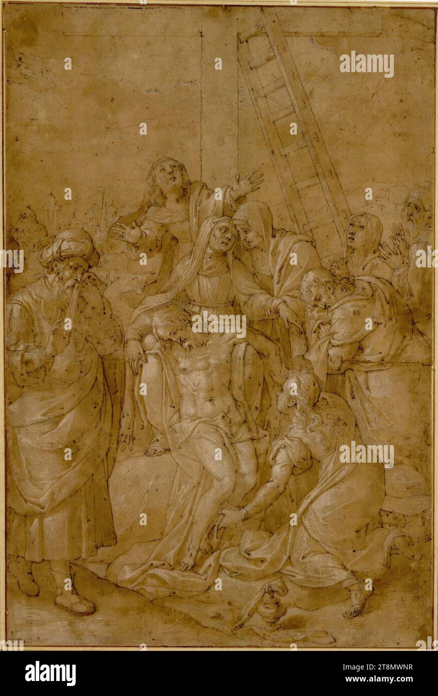 La Madonna sotto la Croce, il corpo di Cristo in ginocchio; intorno a loro santi Giovanni, Giuseppe d'Arimatea, Maddalena e altre sante donne, disegno, penna; accresciuta di bianco; carta marrone, 36,0 x 24,0 cm, l. Duca Alberto di Sassonia-Teschen Foto Stock