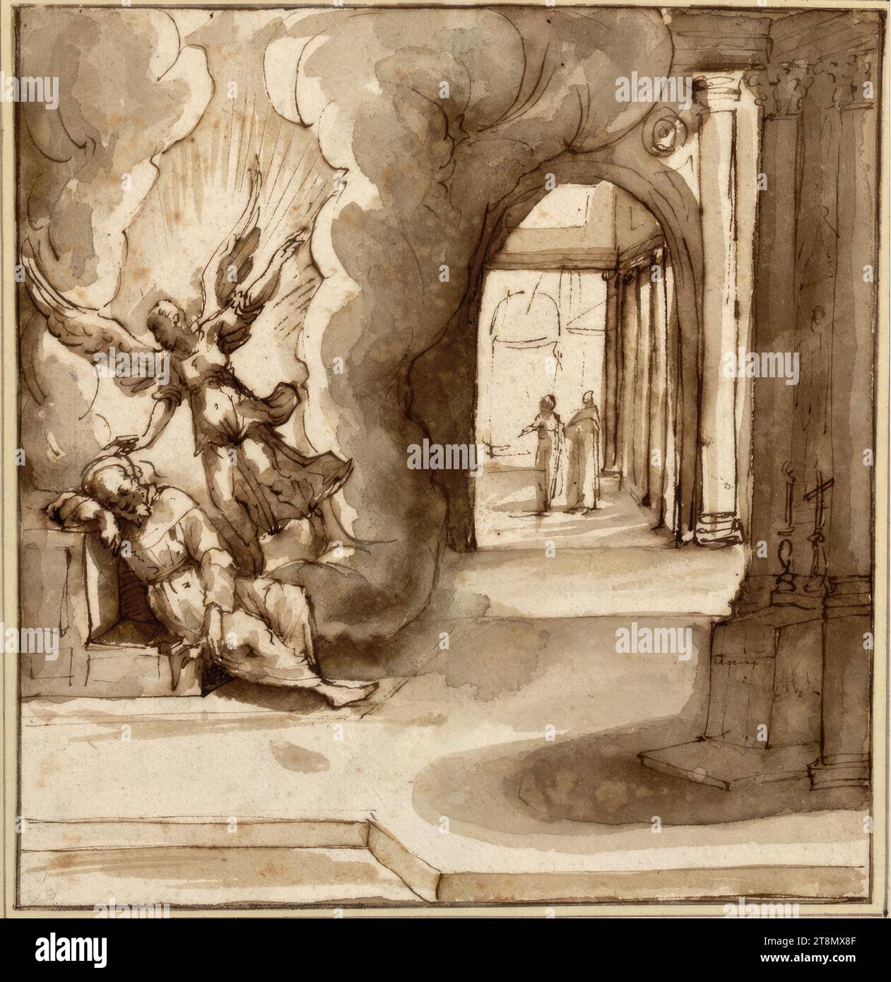 Un angelo appare a San Francesco, Domenico Cresti detto Passignano (Badia a Passignano (Tavarnelle Val di Pesa) 1559 - 1638 Firenze), disegno, penna, inchiostro, lavato, 16,0 x 16,0 cm, l. Duca Alberto di Sassonia-Teschen Foto Stock