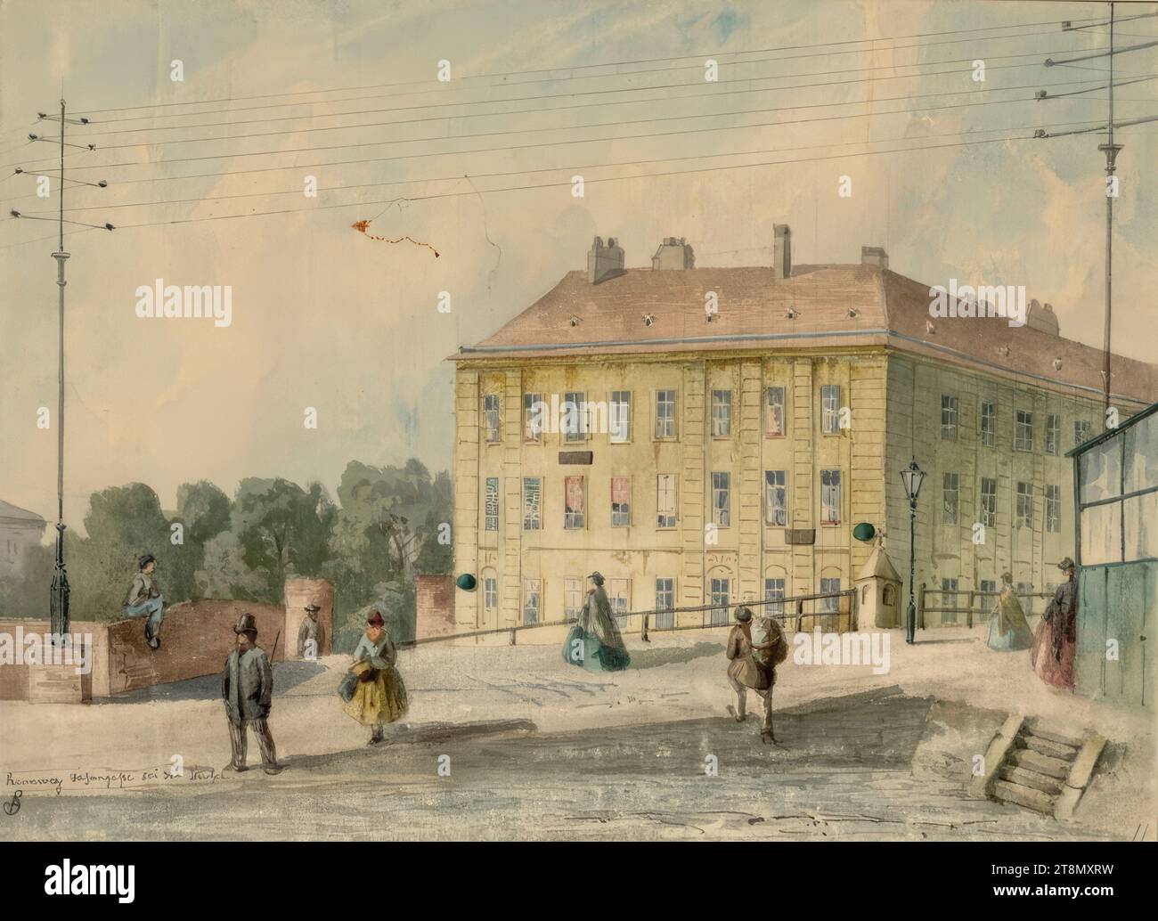 Scappate. Gasthaus zum Schützen (abbattuto nel 1862), Anton Stutzinger (Vienna 1821 - dopo il 1875 Vienna), disegno, acquerello, 22,8 x 31,2 cm, l. u.: 'Rennweg Fasangasse vicino al fuciliere Foto Stock