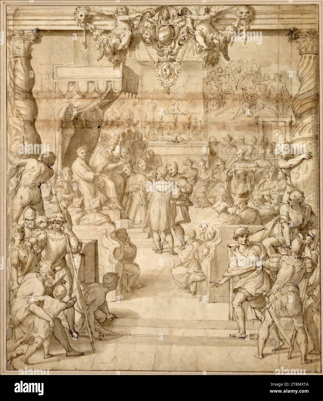 Papa Pio V Ghisleri (1566-1572) incorona Cosimo i de'Medici nella Cappella Sistina di Roma nel 1570. (A destra il Collegio dei Cardinali, attraverso il quale vengono trasportati i doni; a destra, sul retro, sopra la porta, sulla parete posteriore, c'è un suggerimento del "giudizio universale" di Michelangelo; cornice a colonna con gli stemmi dei Ghisleri e dei Medici), Cesare nebbia (Orvieto intorno al 1536 - circa 1614 Orvieto), disegno, gesso, penna, lavato, 40 x 34,5 cm, l.l. Moritz von Fries; r.b. Duca Alberto di Sassonia-Teschen;, in basso a destra nell'inchiostro '2 Foto Stock