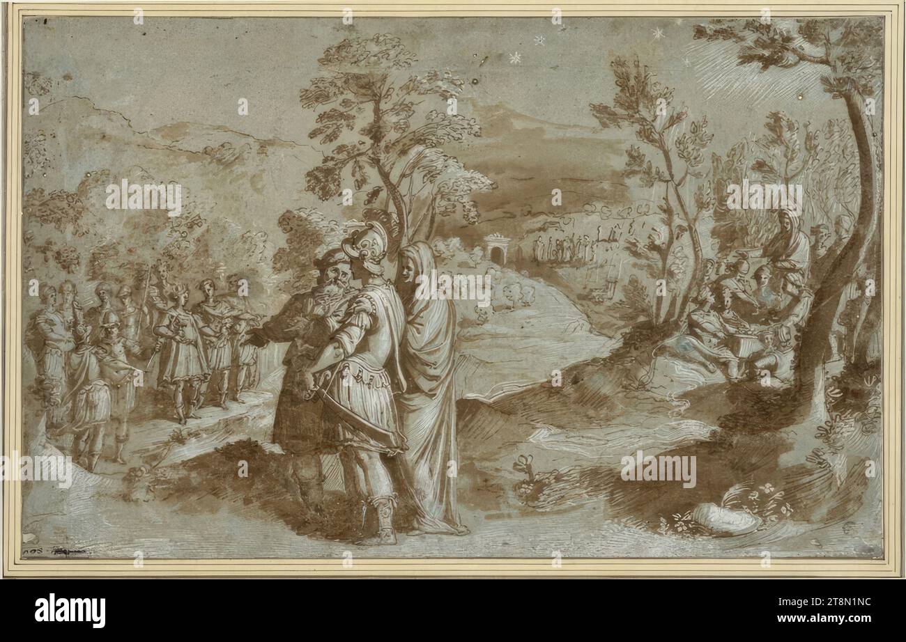 Enea, guidata dalla Sibilla ai campi Elisi, dove suo padre gli mostra gli eroi della sua progenie, Jan van der Straet (Bruges 1523 - 1605 Firenze), disegno, penna e inchiostro in marrone, lavato, bianco opaco, su carta blu, 23, 4 x 37,1 cm, l. e lettere Foto Stock