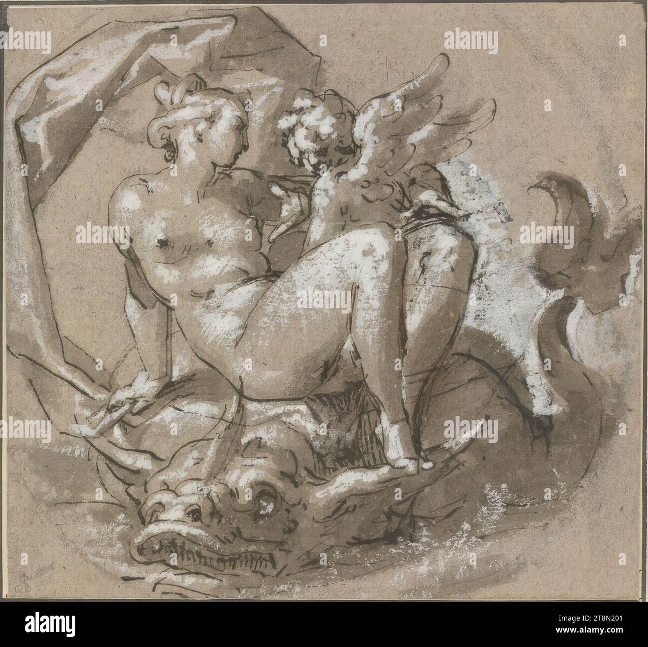 Venere e Cupido su un delfino, Bartolomäus Spranger (Anversa 1546 - 1611 Praga), intorno al 1580-1585, disegno, penna marrone-nero, su carboncino o gesso nero, lavaggio marrone, bianco accentuato, 18,8 x 20,1 cm, l.l. duca Alberto di Sassonia-Teschen Foto Stock