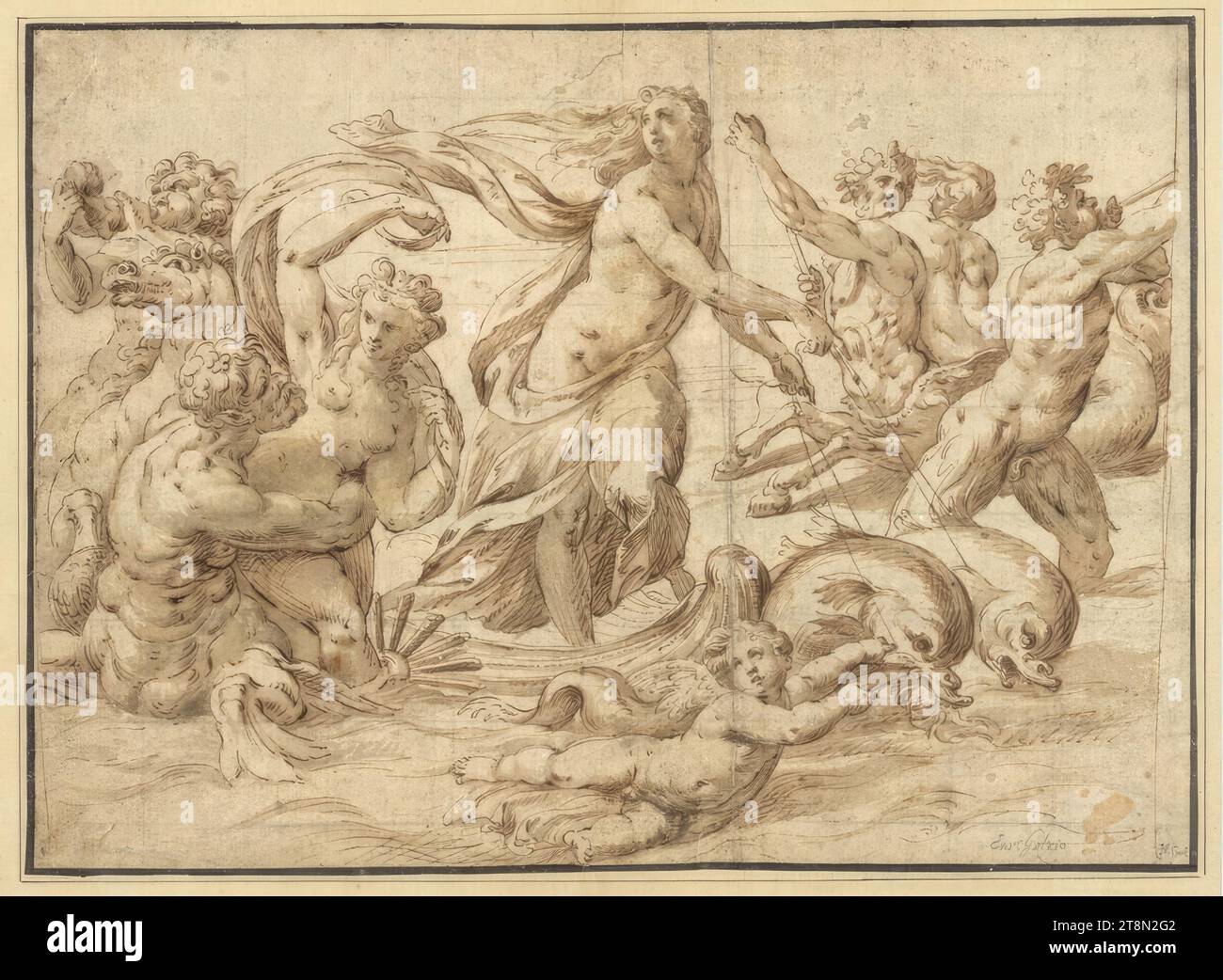 Il trionfo di Galathea, Jan Speckaert (Bruxelles c. 1540 - c. 1577 Roma), disegno, penna e lavaggio marrone, linee a griglia, 25,3 x 34,9 cm, l. e duca Alberto di Sassonia Teschen, r. e 'Enr Gotzio'; 'H. oro Foto Stock