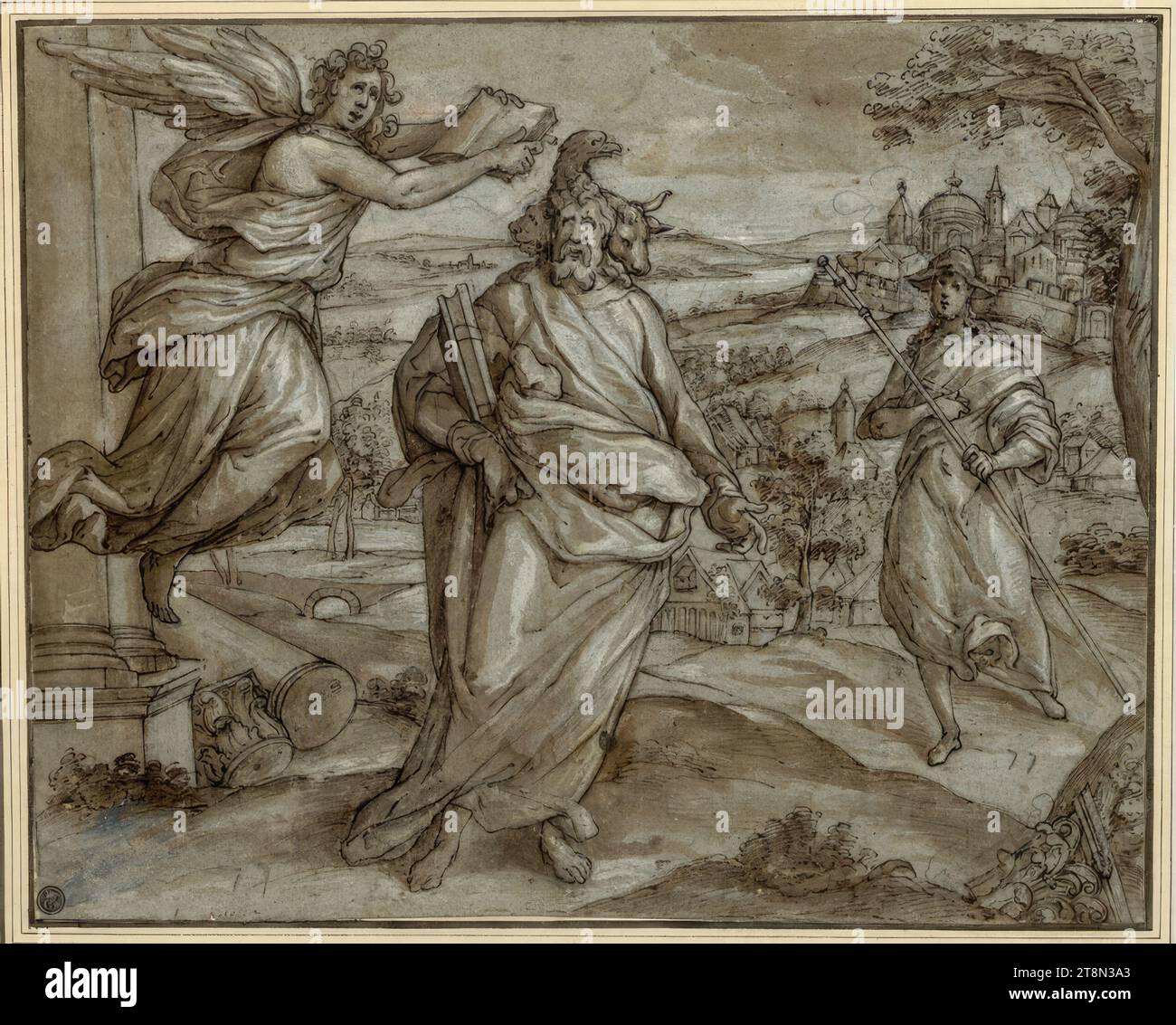 La visione di Ezekiel. (Il profeta si muove in un ampio paesaggio con un fiume e una città fortificata; al centro l'apparizione con le quattro teste; da sinistra un angelo con un libro aperto altalena), Raffaello Schiaminossi (Italia, intorno al 1529/75- 1622 ), disegno, gesso; piuma; lavata; arricchito di bianco; blu primato; carta marrone, 26,0 x 32,2 cm, l.l. Conte Gelosi; mu Duca Alberto di Sassonia-Teschen, resti di una vecchia scritta a inchiostro '... mozzo' in basso a sinistra Foto Stock