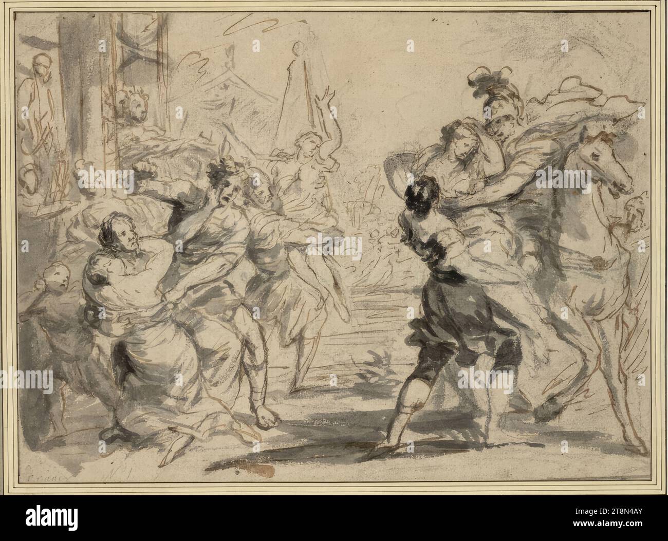 Il rapimento dei Sabini, Gaspard de Crayer (Anversa 1584–1669 Gand), disegno, penna e inchiostro marrone e pennello grigio, su gesso nero; iscrizione: Matita di grafite, 24,3 x 32,8 cm, l.l. duca Alberto di Sassonia-Teschen, l.u. 'Crayer' (di un'altra mano, rifilata sotto); l.b. 'N° 1. (da qualcun altro Foto Stock