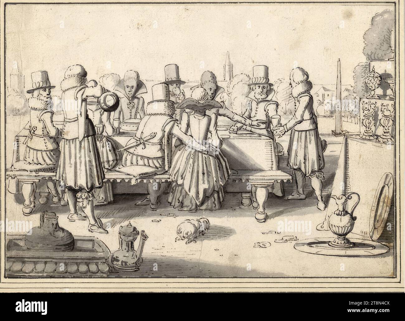 Azienda al tavolo all'aperto, Esaias van de Velde (Amsterdam 1587 - 1630 l'Aia), disegno, penna marrone-nero, pennello grigio, lavaggio grigio; sul bordo sinistro e in basso al centro delle pieghe verticali; punti marroni in basso a destra, 13,8 x 19,7 cm, r. e Duca Alberto di Sassonia-Teschen, cartone: "E. v. Velde, Benesch" - "Sì /ABR". - Cahier (sotto H 9a-10): "Il 2 aprile 1910 a E. v.d. Transfer Velde. Rott Foto Stock
