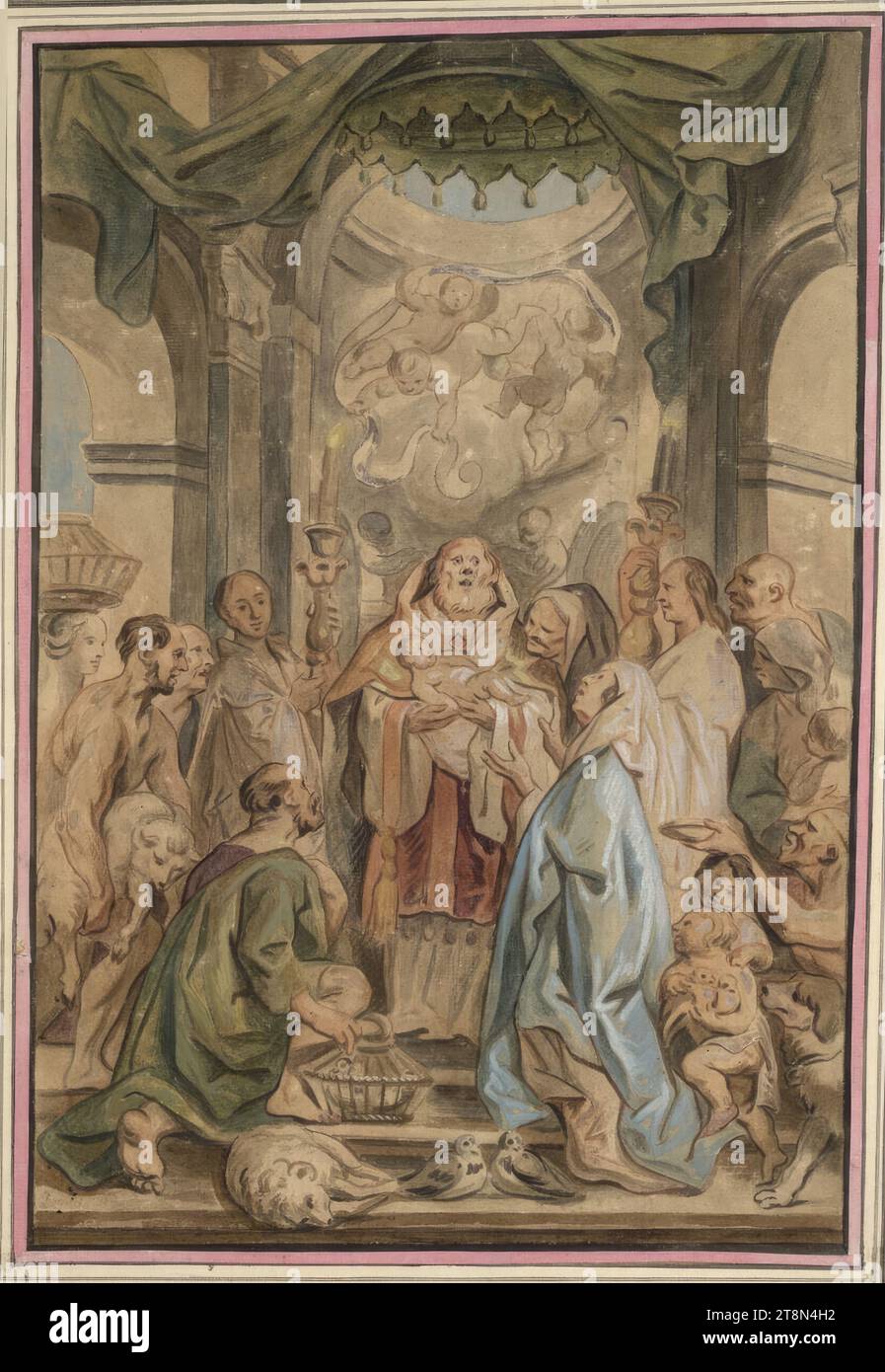 Presentazione nel Tempio, Jacob Jordaens (Anversa 1593–1678 Anversa), disegno, sanguina, gesso nero, acquerello, e vernice opaca; didascalia: matita in grafite. L'opaco bianco ossidato scuro in alcuni punti; abrasioni selettive., 46,4 x 31,5 cm, l. Duca Alberto di Sassonia-Teschen, L.U. 'RUBENS 18 [H or fl ?]' (con un'altra mano Foto Stock