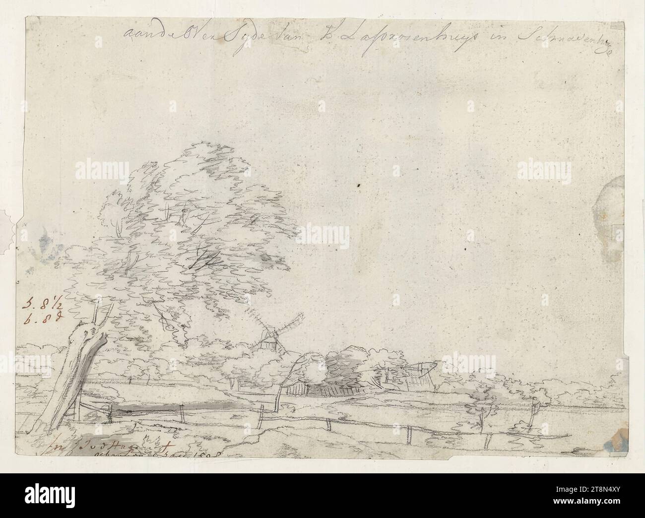 Schizzo paesaggistico con albero e mulino a vento, Joris van der Haagen (Arnhem?) 1613/15 - 1669 l'Aia), disegno, gesso nero, pennello grigio, acquerello. Bordato con penna marrone-nero, 15,7 x 21,5 cm, inciso sul retro da una mano diversa da quella dell'artista: 'Aan de Oversyde van t Laprozenhys a Schravenhage Foto Stock