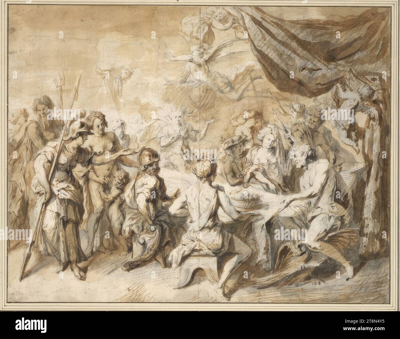 La festa degli dei con Giunone che chiede a Giove di dirigere i venti contro la flotta di Enea, Jan van den Hoecke (Anversa prima del 1611 - 1651 Anversa), disegnando, matita di grafite, pennello in marrone e grigio, lavaggio marrone. Tracce di una piega a croce, 29,7 x 38,2 cm, l.l. duca Alberto di Sassonia-Teschen Foto Stock