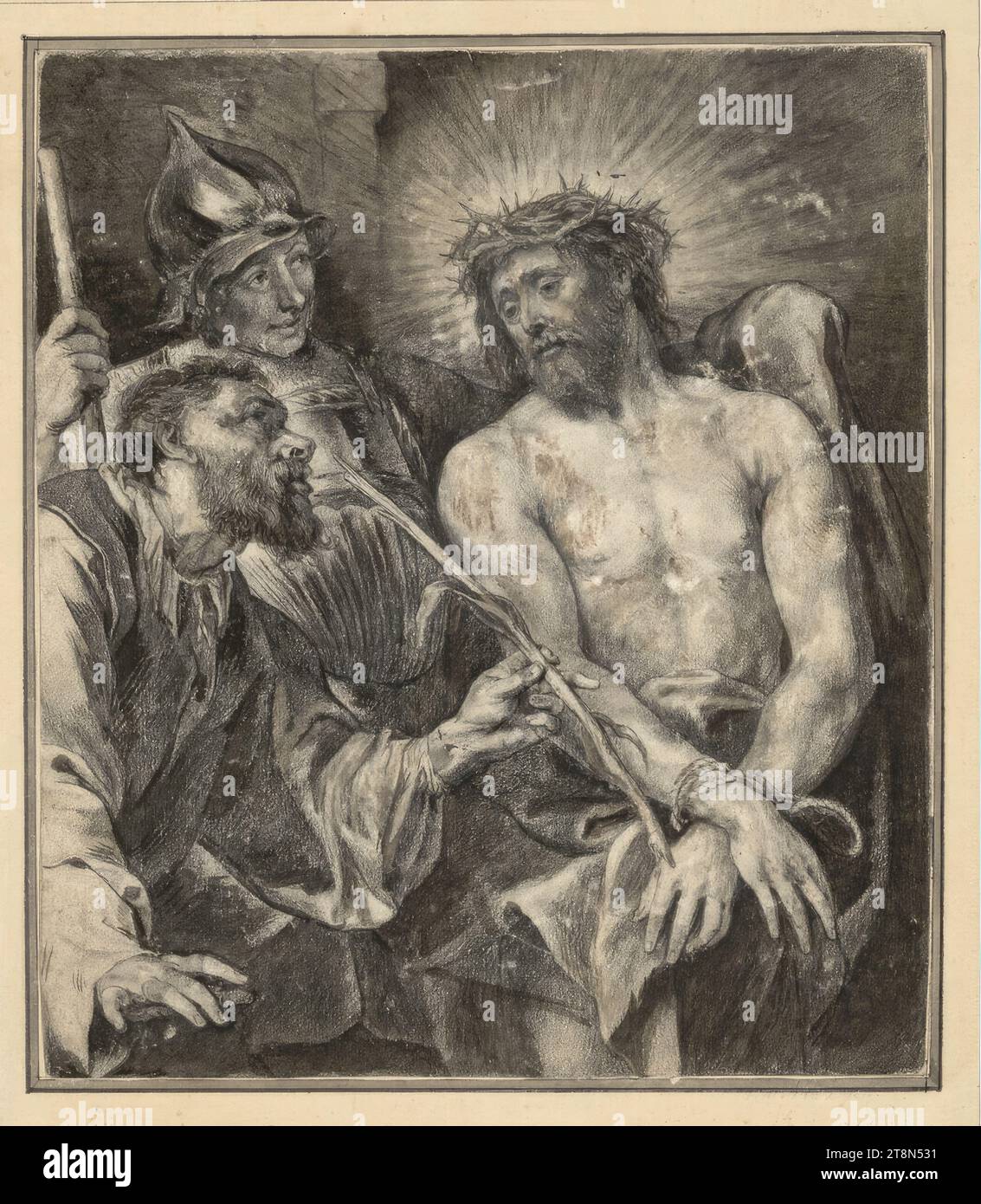 Prendere in giro Cristo, Anonimo, disegno, gesso nero, pennello e grigio e marrone, lavare; graffi e sporco brunastro., 24,0 x 20,6 cm, r. e duca Alberto di Sassonia-Teschen, in basso a destra. Dal centro, dalla mano di qualcun altro con una matita di grafite: 'Van Dyck Foto Stock