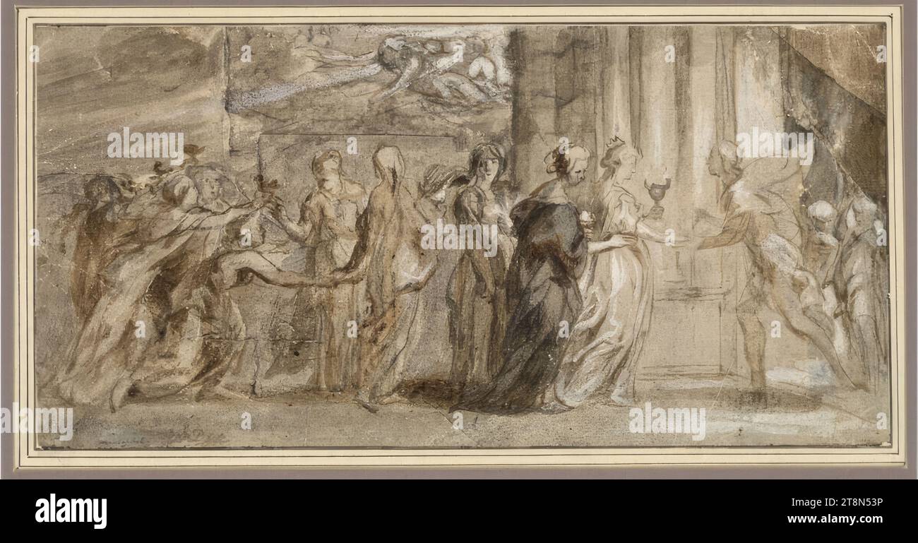Le cinque sagge e le cinque stupide vergini, disegno, pennello in lavaggio marrone, marrone e grigio, esaltato con bianco opaco, su gesso nero, su carta marrone tinta con più pezzi (metà sinistra e angolo superiore destro), 12,9 x 26, 2 cm, l.l. duca Alberto di Sassonia-Teschen, inciso a sinistra. Sotto con la penna: "Van Dyck" - a sinistra. di quali sono i resti di un componente ampiamente usurato (cancellato?) iscrizione Foto Stock