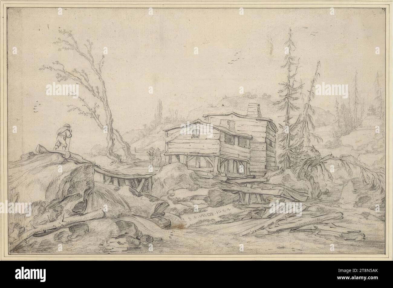 Capanna alla confluenza dei due ruscelli di montagna, Esaias van de Velde (Amsterdam 1587–1630 l'Aia), 1624, disegno, gesso nero, 20,1 x 30,9 cm Foto Stock