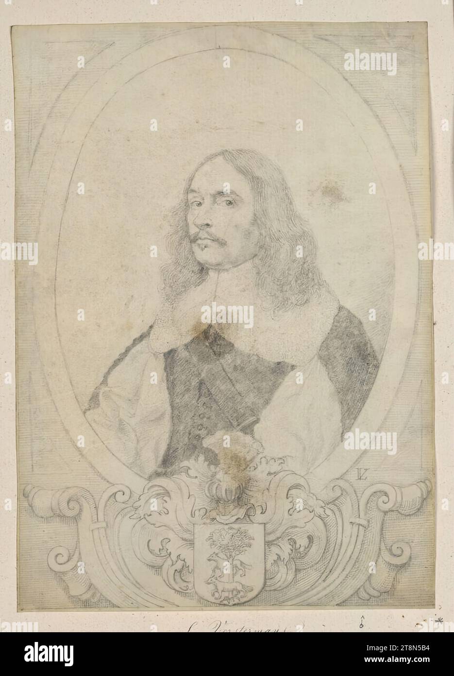 Ritratto di un uomo in un ovale sopra uno stemma cartiglio (albero e due lupi), Lucas Vorsterman (Zaltbommel 1595 - 1675 Anversa), disegno, matita di grafite, su pergamena. Due macchie marroni su petto e cresta; ruvido grigio a destra della testa; giallastro sporco ai bordi., 21,8 x 15,5 cm, monogr. re. Di seguito: 'LV' (collegato Foto Stock
