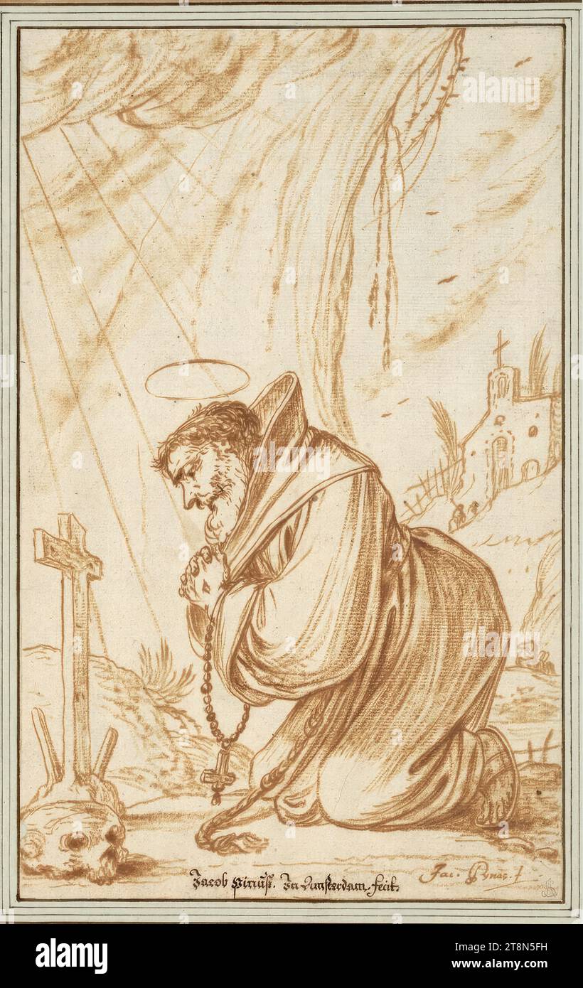 La stigmatizzazione di St. Francis, Jacob Symonsz. Pynas (Amsterdam 1592/93 - 1643 Amsterdam), disegno, gesso color ocra e penna nello stesso marrone, parzialmente strofinato; leggermente rossastro macchiato nell'area inferiore. Sottili pieghe nell'abitudine e sopra la testa; piccolo difetto sul margine sinistro., 28,4 x 17,7 cm, l. r. Albert von Sachsen-Teschen, descritto al centro inferiore con una mano diversa: 'Jacob Pynasz. In Amsterdam fecit Foto Stock