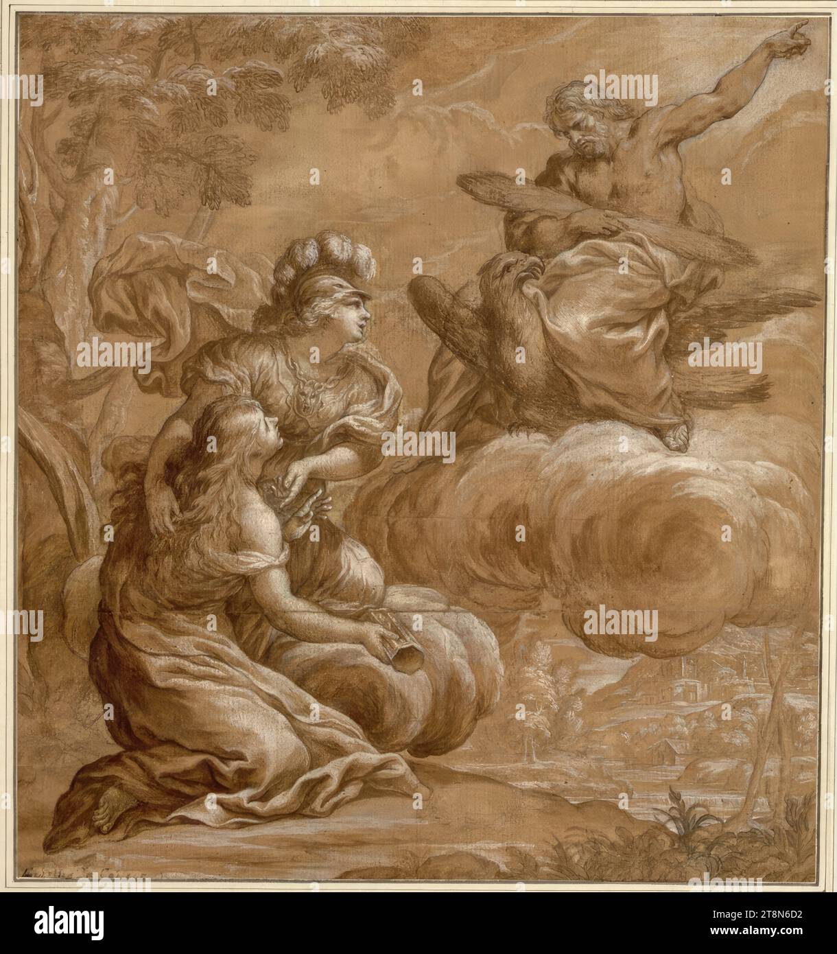 Minerva presenta una ragazza con una clessidra a Giove, che, trasportata dall'aquila, si libra sulle nuvole; punta in alto a destra con la mano sinistra; nel paesaggio di sfondo con edifici, anonimi, disegni, gesso; piume; lavato; accresciuto con bianco; carta marrone, 31,5 x 29,3 cm, l. duca Alberto di Sassonia-Teschen, resti di un vecchio inchiostro di scrittura '..Pietro da Cortona' sul bordo inferiore sinistro Foto Stock