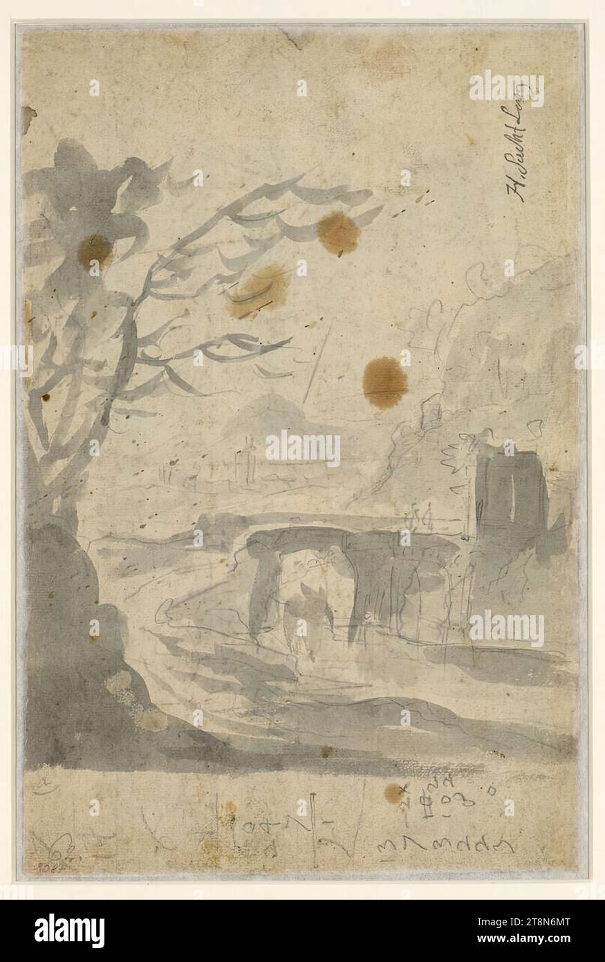 Disegno di una valle fluviale, Herman Saftleven (Rotterdam 1609 - 1685 Utrecht), disegno, matita di grafite, pennello in grigio, 18,5 x 26,0 cm, penna con iscrizione: 'H Sacht Leven'; diversi numeri sotto in matita di grafite Foto Stock