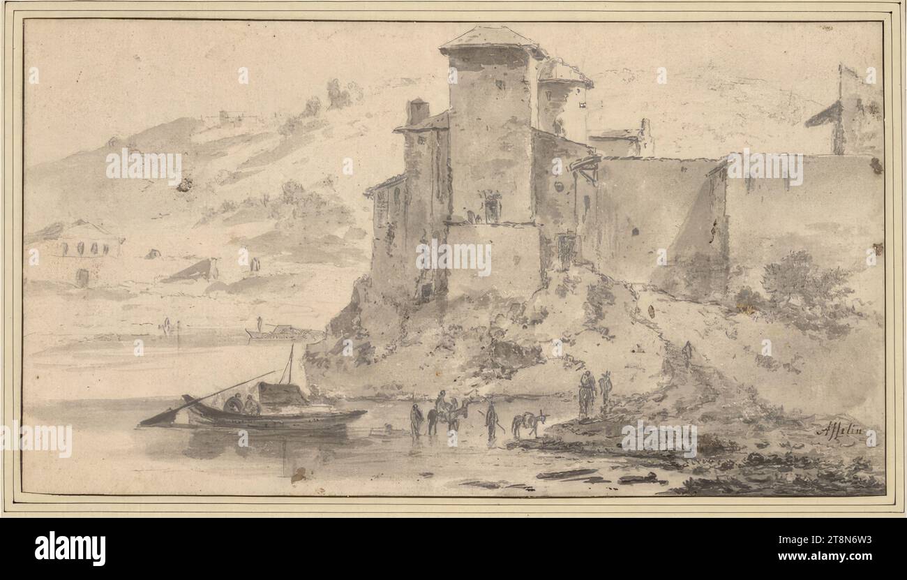 Castell am Tiber, Jan Asselijn (Diemen (Dieppe) intorno al 1600 - 1652 Amsterdam), disegno, matita di grafite, pennello grigio, lavato, su gesso nero, 15,5 x 28,3 cm, r. e duca Alberto di Sassonia-Teschen, destra. Sotto con penna in marrone: "Asselin Foto Stock