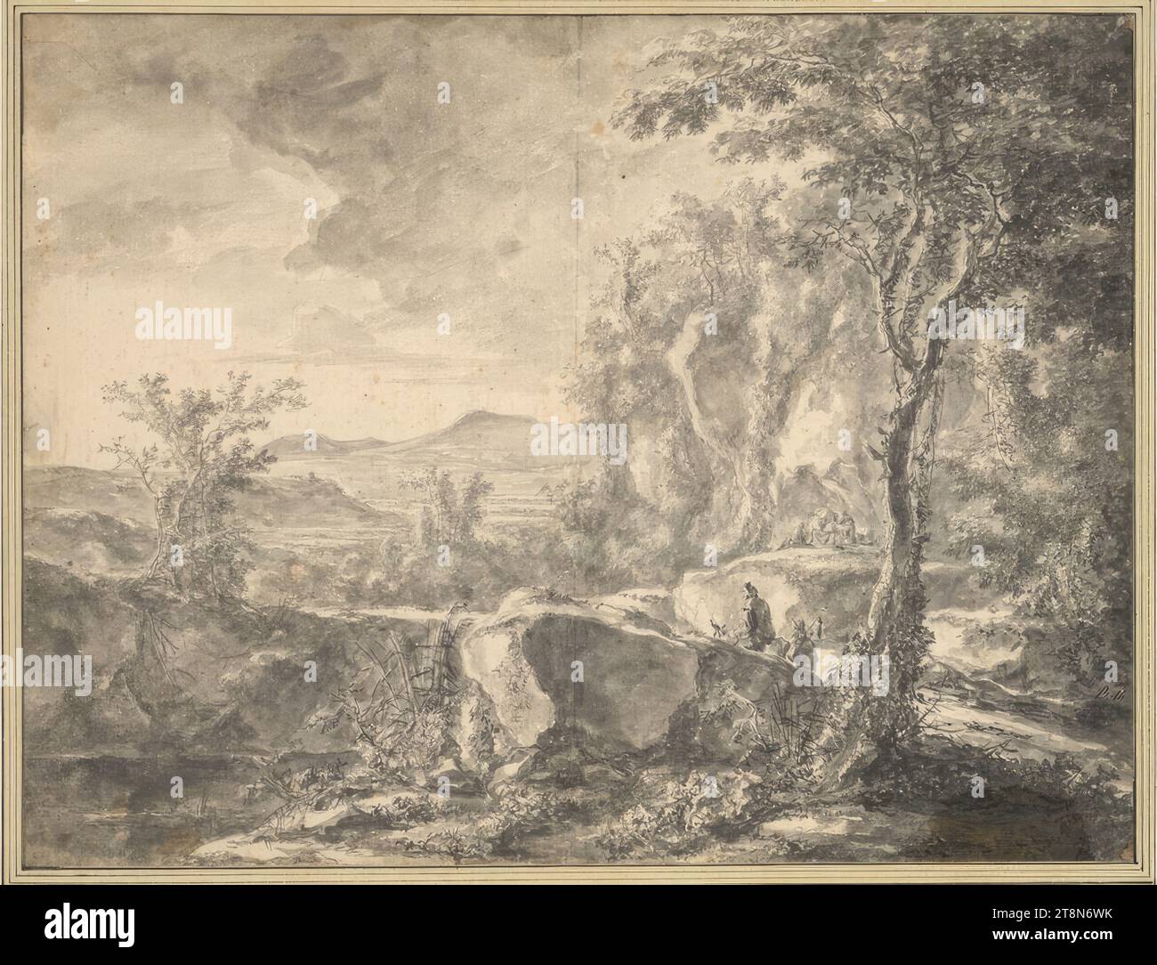 Paesaggio montano ricoperto di alberi con viaggiatori, Jan Both (Utrecht?) Intorno al 1618 - 1652 Utrecht), intorno al 1647-1650, disegno, pennello in grigio chiaro e scuro, lavato, su gesso nero e matita di grafite, 31,3 x 41 cm, l.l. duca Alberto di Sassonia-Teschen, r.r. con entrambi primavera Foto Stock