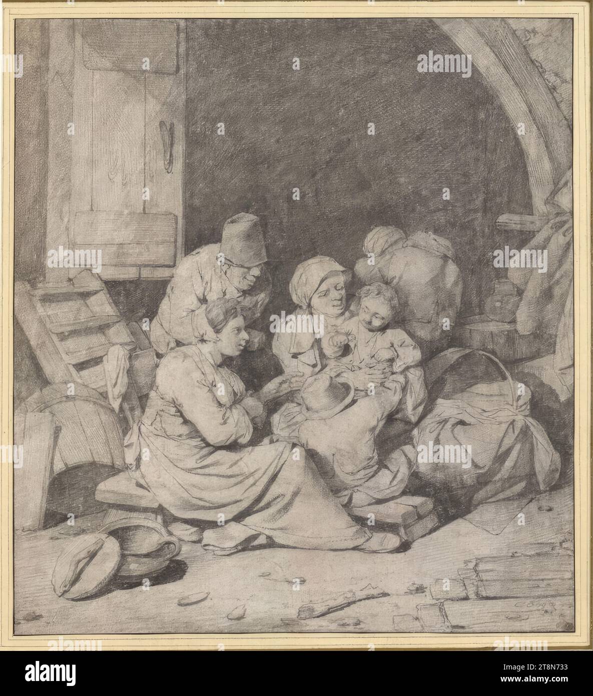 Famiglia contadina in una taverna, Cornelis Pietersz. Bega (Haarlem intorno al 1631/32 - 1664 Haarlem), disegno, gesso nero, su pergamena (o carta simile a pergamena?)., 26,3 x 23,8 cm, l. e duca Alberto di Sassonia-Teschen, firmato a destra. Sotto: "C bega Foto Stock