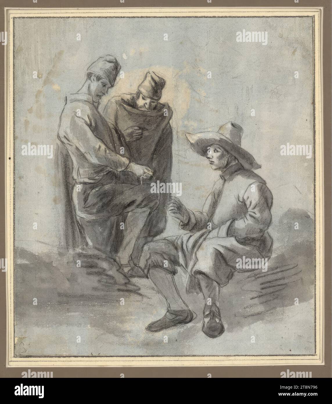 Due italiani e un olandese seduti sul pavimento che interpretano Mora, Pieter Jacobsz. Van Laer (Haarlem 1592/95 - 1642 Haarlem), disegno, gesso nero, lavaggio grigio; fatta eccezione per alcuni punti, la carta ha una base blu chiaro dappertutto; macchie parzialmente marroni., 19,1 x 16,9 cm, l. e duca Alberto di Sassonia-Teschen Foto Stock