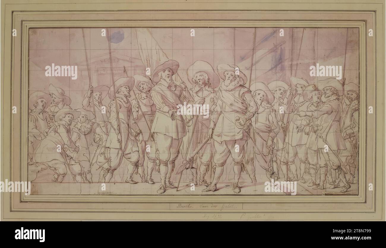 Progetto per il suo gioco di tiro con il capitano Allaert Cloeck, Thomas de Keyser ( (Inv. Barth. V.d. Helst), Amsterdam 1596/97 - 1667 Amsterdam), 1630, disegno, penna marrone, lavaggio viola, su gesso nero. Schermato con matita di grafite; diverse lacrime e una parte mancante sul bordo inferiore a destra, 20,7 x 40,9 cm, l. e duca Alberto di Sassonia-Teschen, cartone: 'Schizzo TDK per un fuciliere ad Amsterdam, pubblicato in O. Holland'; verso: 'Bozza precedente a Copenaghen. O.B' (Benesh Foto Stock