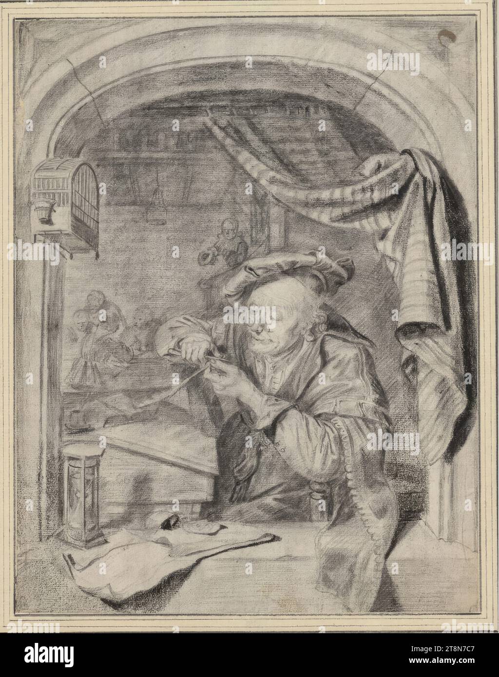Un vecchio scriba che affilava la sua penna alla finestra, Gerrit Dou (Leida 1613 - (prima) 1675 Leida), disegno, gesso nero (e carbone?)., 26,3 x 20,5 cm, l. e duca Alberto di Sassonia-Teschen, cartone: 'Copia dopo il dipinto ad olio di Dresda'; 'M naive ?, P. v. Stingeland ? ABR" (Bredius); "probabilmente studio preliminare originale di Dou, v.R.a." (van Regteren Altena). - Cahier: Supplemento FOTOGRAFICO Foto Stock