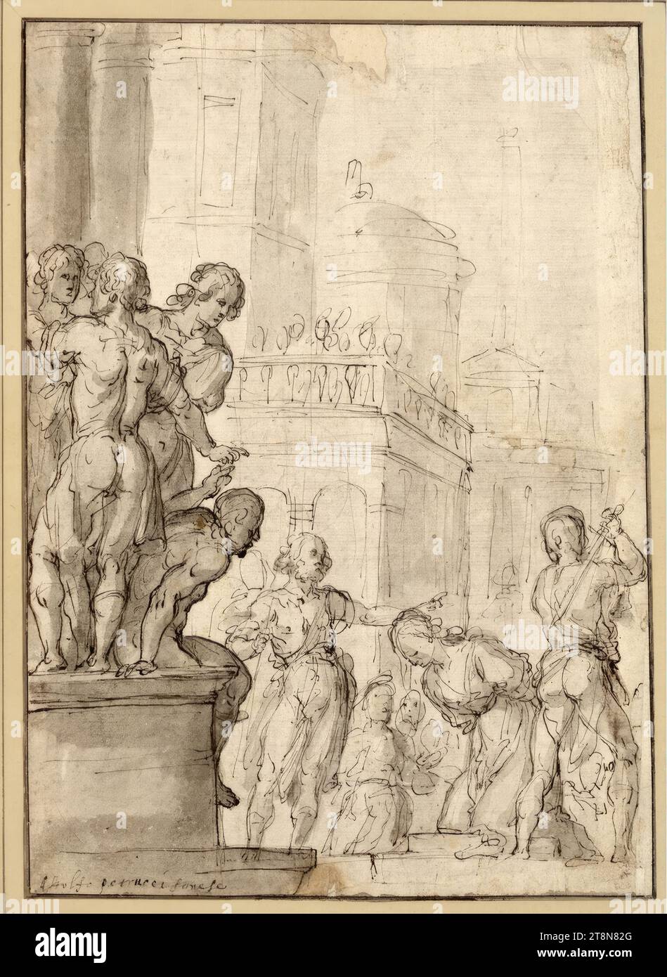 Martirio di un santo. (Di fronte all'architettura di un palazzo, una donna viene decapitata in primo piano a destra; un uomo barbuto si erge, due figure si inginocchiano accanto a lui; a sinistra su una proiezione architettonica, spettatori), Astolfo Petrazzi (Siena 1579 - 1665 Siena), disegno, penna, inchiostro, lavato, 31,2 x 22,2 cm, r.l. duca Alberto di Sassonia-Teschen, in basso a sinistra, probabilmente firmato 'Astolfo Petrucci Sanese Foto Stock