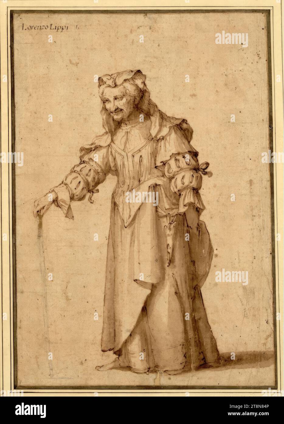 Vecchia donna in piedi con caratteristiche caricature che si appoggiano a sinistra su un bastone, Lorenzo Lippi (italiano, 1606 - 1665), disegno, gesso; piuma; inchiostro; lavato; carta marrone, 26,6 x 18,3 cm, l. Duca Alberto di Sassonia-Teschen, in alto a sinistra 'Lorenzo Lippi' e 'I.' in una vecchia mano Foto Stock