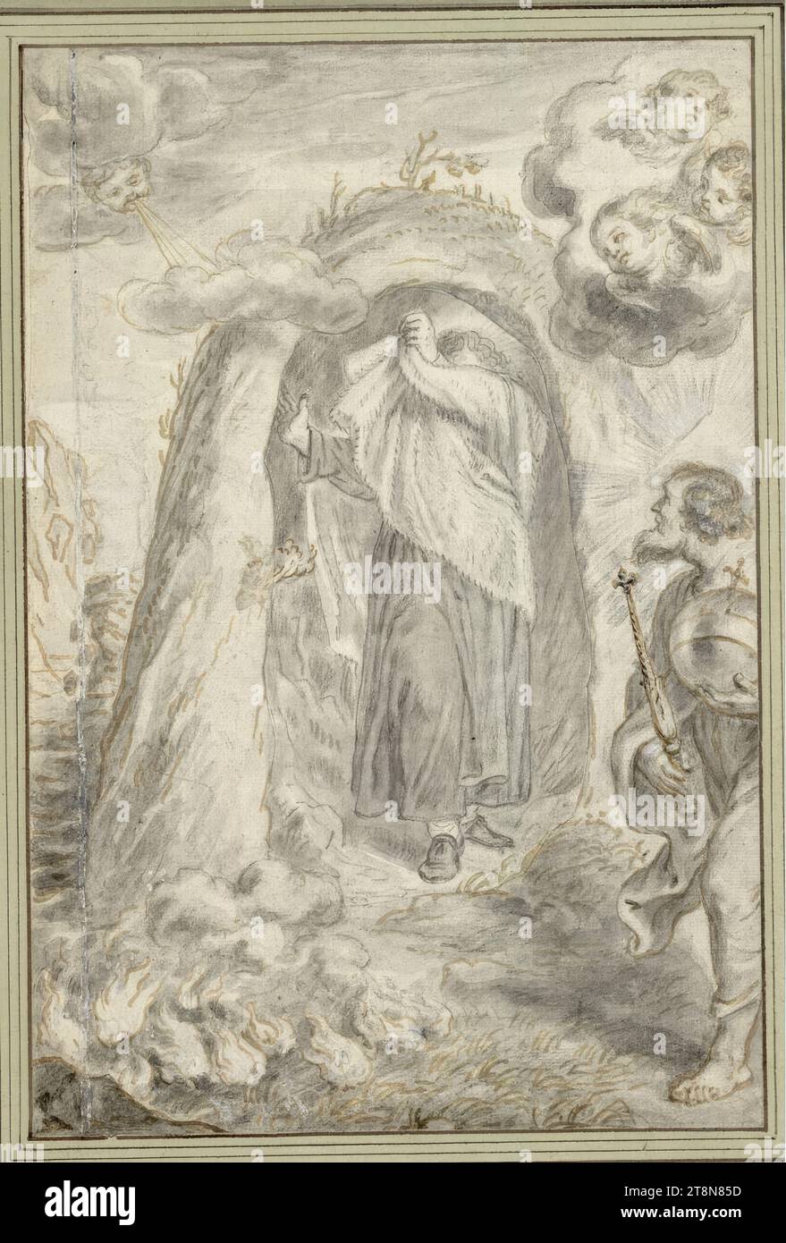 Elias veli il suo volto da Dio (15), vita e miracoli del profeta Elias (41 incisioni), Abraham van Diepenbeeck (S' Hertogenbosch 1596 - 1675 Anversa), disegno, matita di grafite, penna marrone, gesso nero, lavaggio grigio, bianco opaco, linea bianca opaca verticale continua, strisciata, a 13 mm da sinistra. Bordo; l'intera figura del profeta inserita su una toppa che segue il bordo della grotta, 27,3 x 18,3 cm, l.l. duca Alberto di Sassonia-Teschen Foto Stock