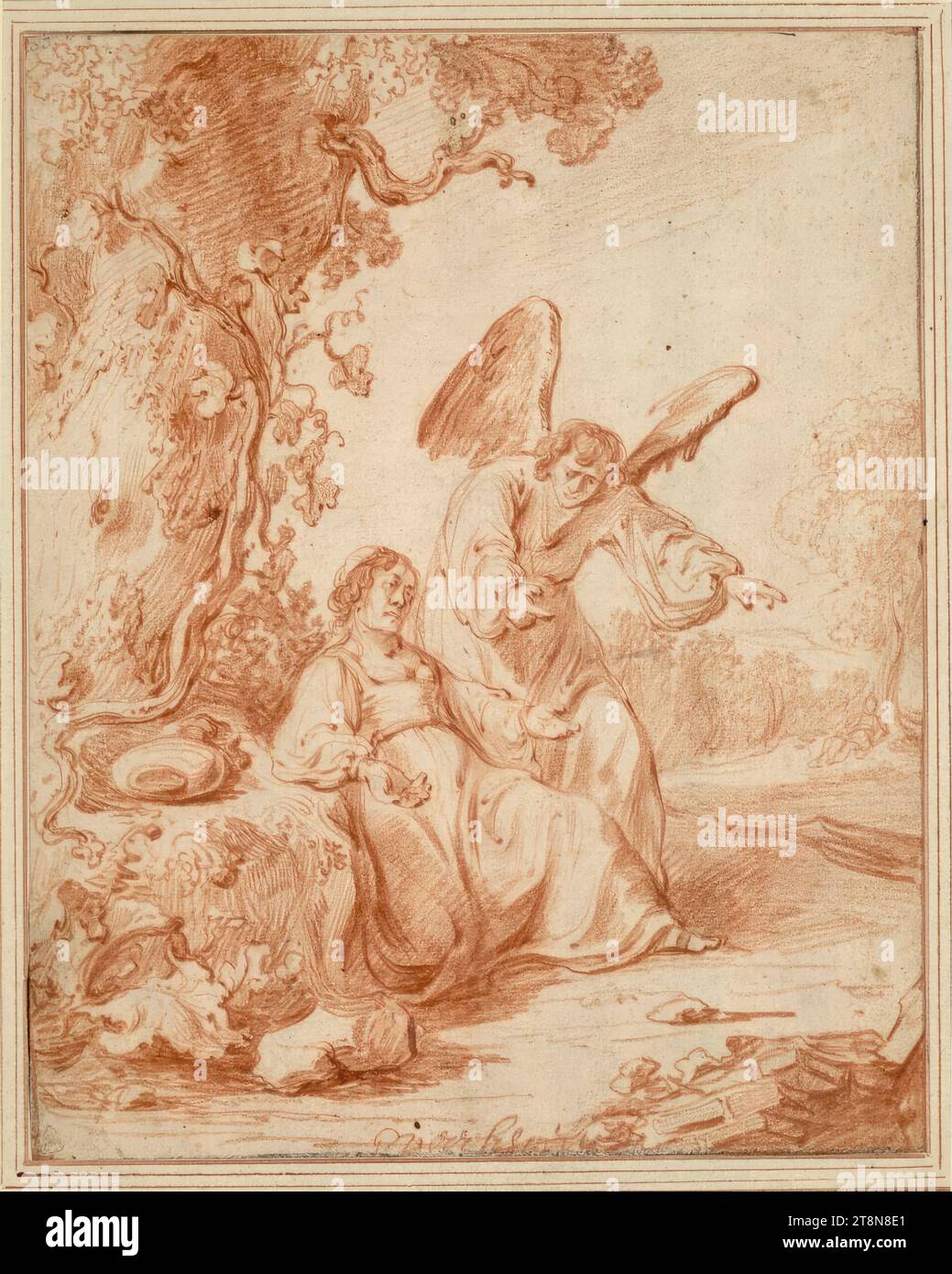 Hagar and the Angel, Gerbrand van den Eeckhout (Amsterdam 1621 - 1674 Amsterdam), disegno, gesso rosso; resti di un vecchio bordo con gesso nero, soprattutto sul bordo inferiore., 24,9 x 19,8 cm, l. e duca Alberto di Sassonia-Teschen, firmato centro inferiore: 'G V eeckhout'. numerato a sinistra in un'altra mano con matita di grafite: '53 Foto Stock