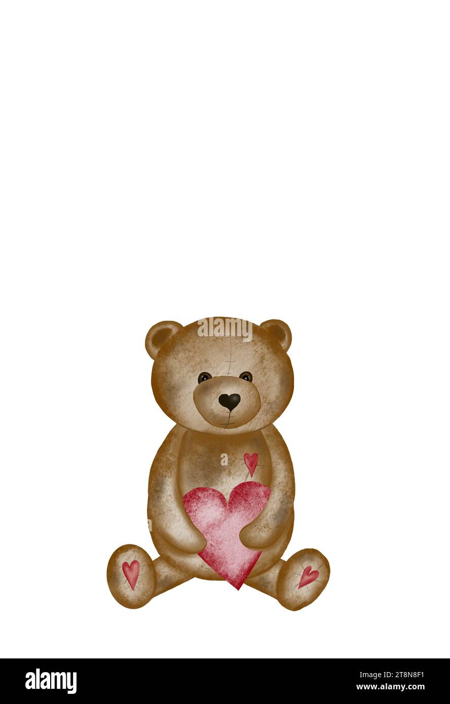 disegno ad acquerello di un grazioso orso con un cuore. Modello di biglietto di San Valentino con grazioso orsacchiotto. Tessera vacanze per i propri cari Foto Stock